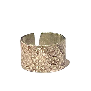 Handmade 7 stamped mermaid scales silver pewter‎ adjustable wider cuff ring